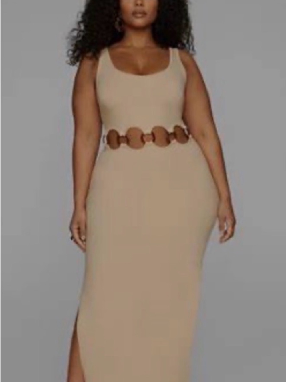 Sleek Sleeveless Beige Maxi Dress with Statement Belt